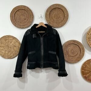 Express Neutral Black Faux Suede Fur Zip Up Moto Jacket Coat Medium Buckle